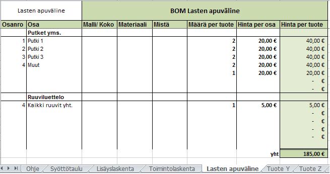 27 Kuviosta 12 nähdään ensimmäinen osa lasten apuvälineen syöttötaulusta, jossa on tuotteen Bill of Materials eli BOM. BOM tarkoittaa listaa tuotteen komponenteista ja niihin liittyvistä tiedoista.