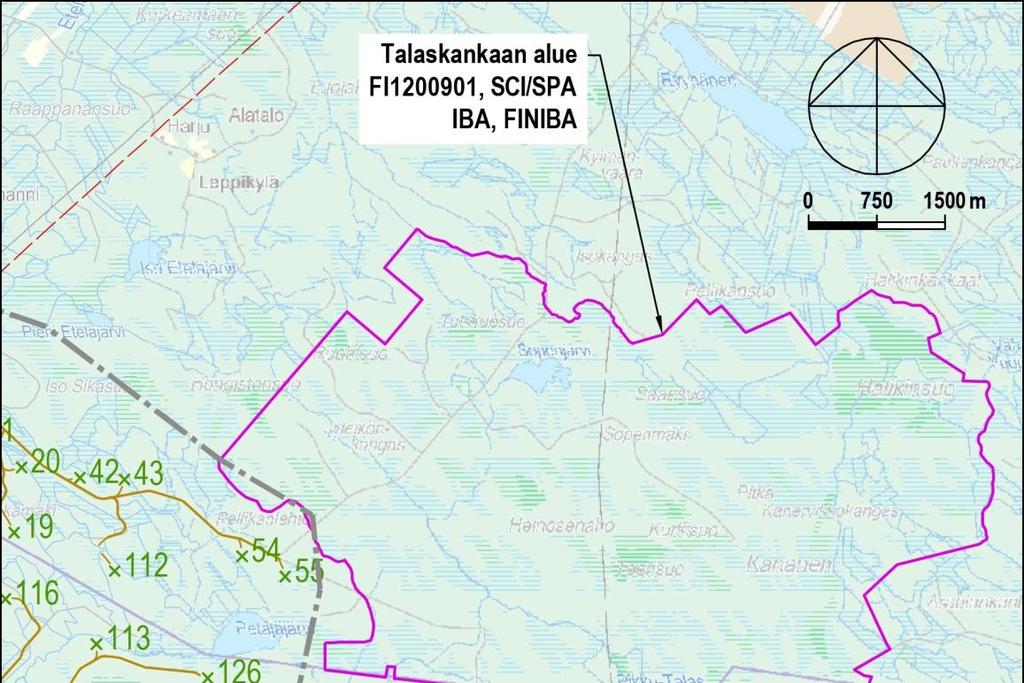 7 16UEC146 metrin etäisyydelle Natura-alueen länsi-lounaispuolelle. Suunniteltu sähkönsiirtoyhteys ei kulje Natura-alueen läheisyydessä (Kuva 2). Kuva 2.