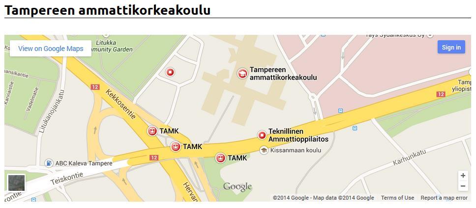 26 6.5 Kartta ja yhteystiedot Alimpana sisältönä verkkosivulla on Google Maps kartta, joka näyttää Tampereen ammattikorkeakoulun sijainnin.