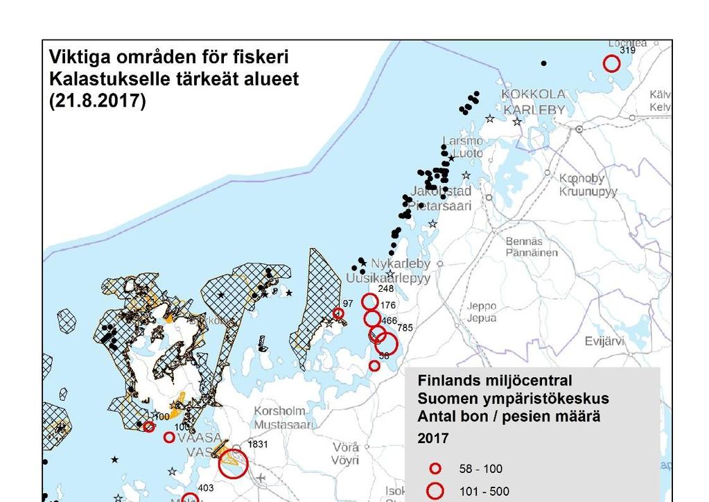 Kuva 3.1.6. Kartta kalastukselle tärkeistä alueista Pohjanmaan rannikolla. 3.2.