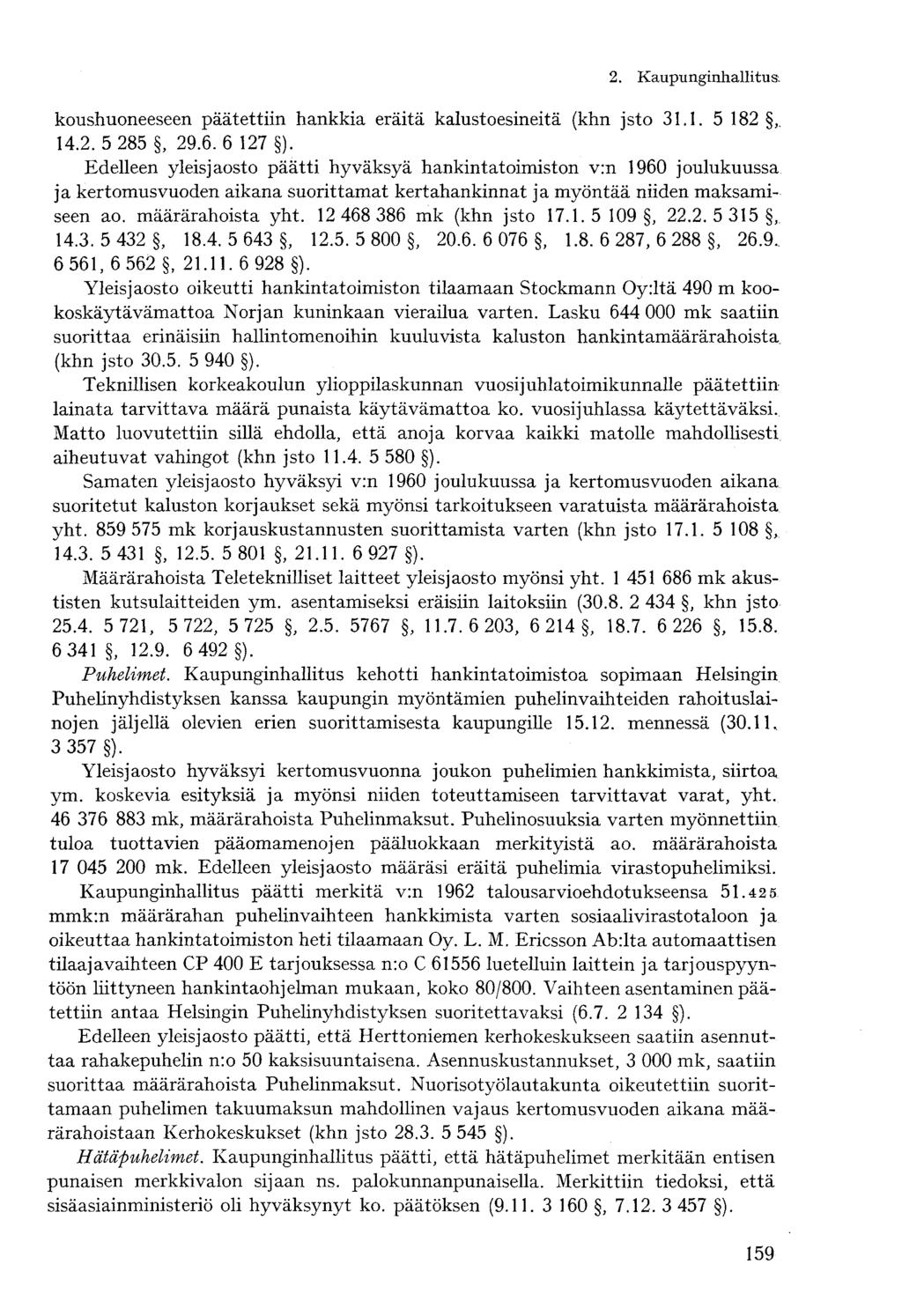 koushuoneeseen päätettiin hankkia eräitä kalustoesineitä (khn jsto 31.1. 5 182,. 14.2.5 285, 29.6.6 127 ).