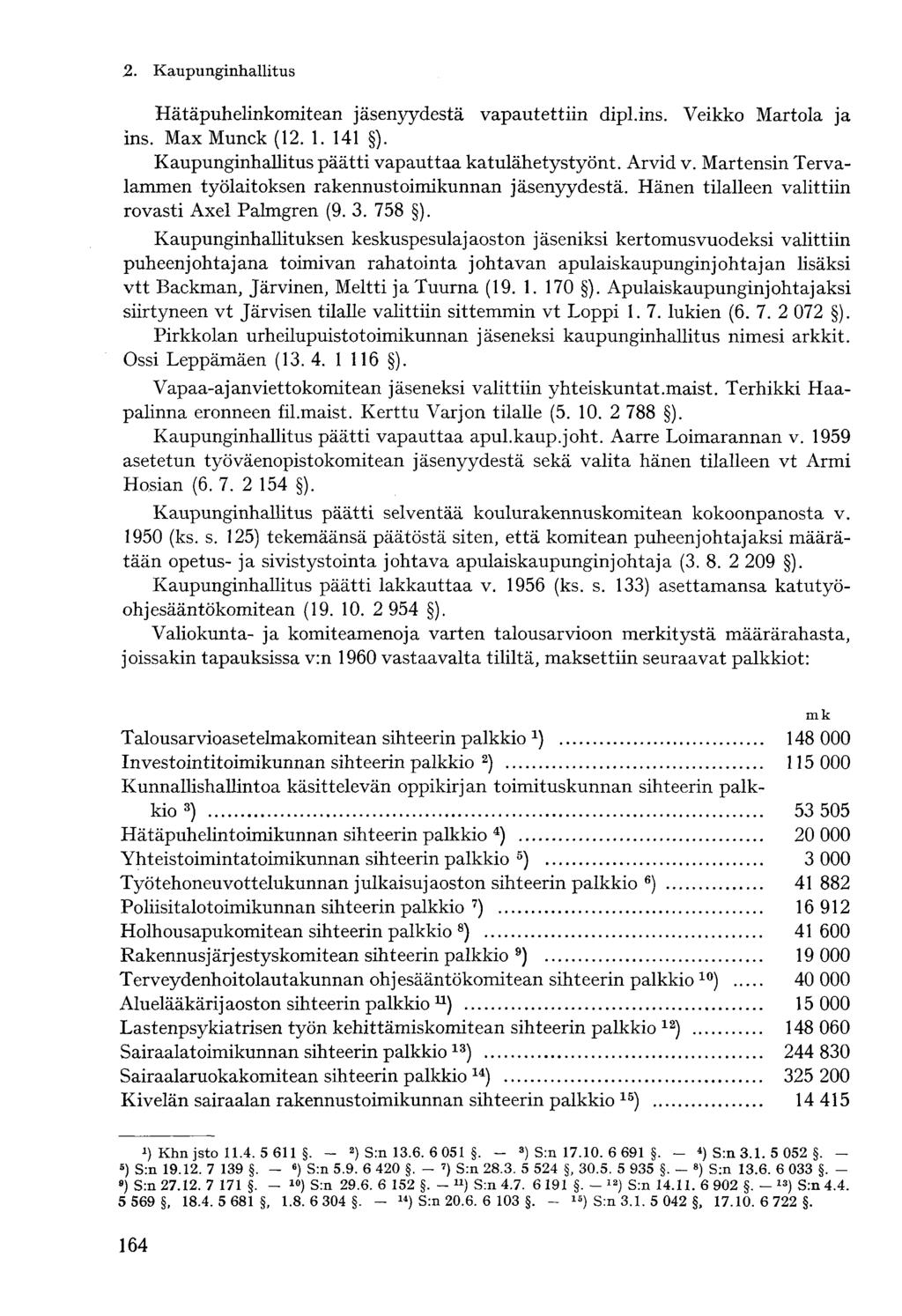 Hätäpuhelinkomitean jäsenyydestä vapautettiin dipl.ins. Veikko Martola ja ins. Max Munck (12. 1. 141 ). Kaupunginhallitus päätti vapauttaa katulähetystyönt. Arvid v.