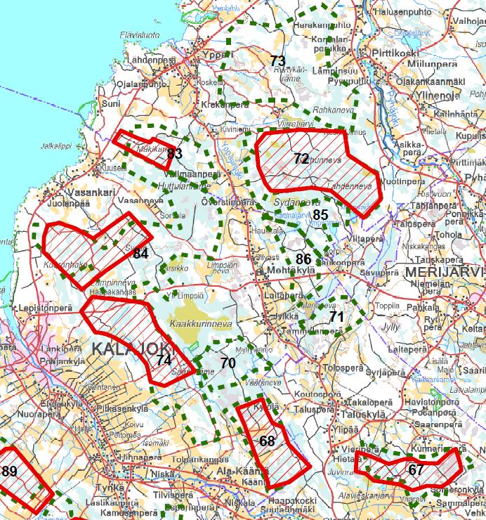 17 Alueiden teknis-taloudellisessa vertailussa parhaita ovat kokonaisuutena arvioiden alueet 74 ja 84. Keskituulisuuden osalta alueet 83 ja 84 yltävät yli 7,0 m/s tasoon.