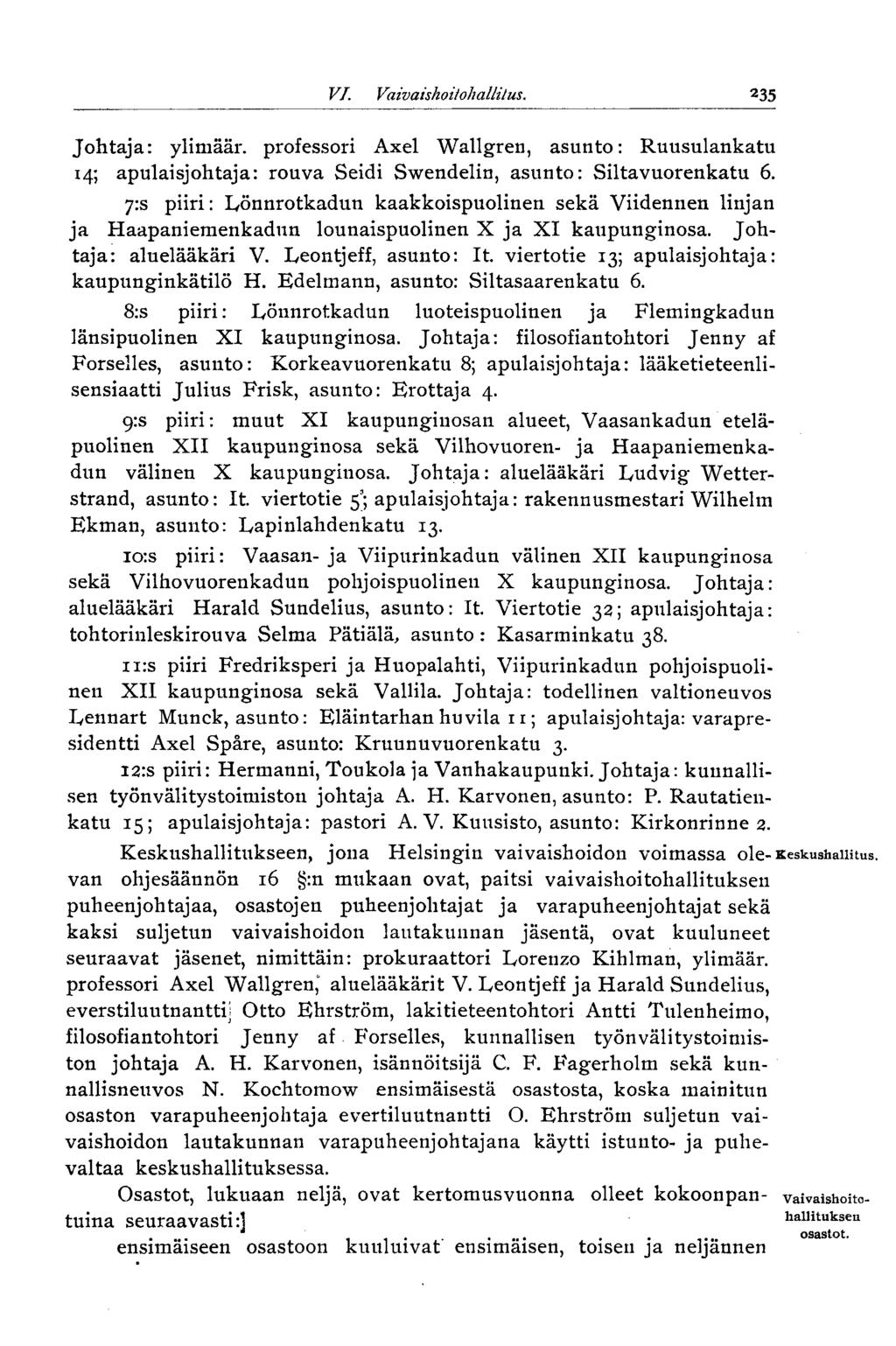 235 VI. Vaivaishoitohallitiis. Johtaja: ylimäär. professori Axel Wallgren, asunto: Ruusulankatu 14; apulaisjohtaja: rouva Seidi Swendelin, asunto: Siltavuorenkatu 6.