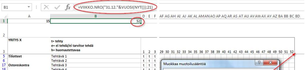 24 Viikoittaisia tehtäviä koskevalla välilehdellä viikkojen määrä on 53, mutta viikkoa 53 koskeva solu on muotoiltu siten, ettei sen teksti näy, mikäli vuodessa on viikkoja 52 (kuvio 11). KUVIO 11.