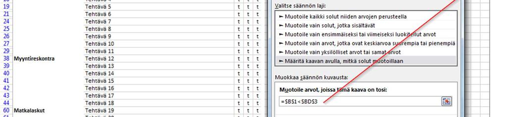 Ensin kaavan avulla testataan, onko soluun B5 määritetty tehtävä eli onko solu tyhjä vai ei. Mikäli tehtävä on määritetty, tarkastellaan kuittaamattomien tehtävien lukumäärää soluista D5-O5.