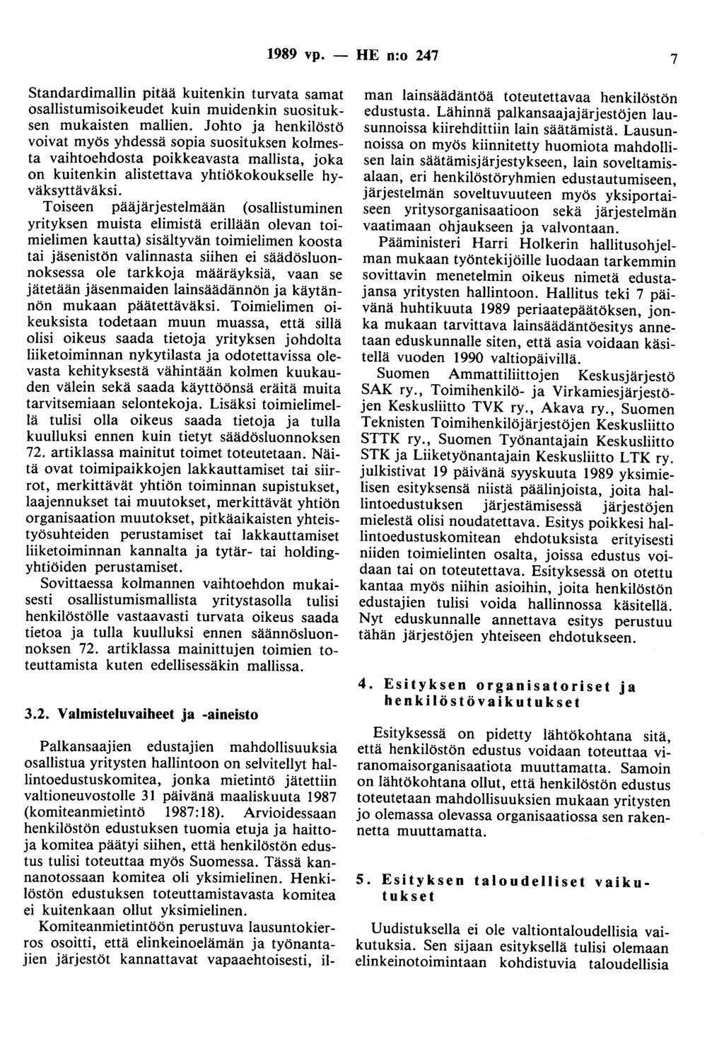 1989 vp. - HE n:o 247 7 Standardimallin pitää kuitenkin turvata samat osallisturuisoikeudet kuin muidenkin suosituksen mukaisten mallien.