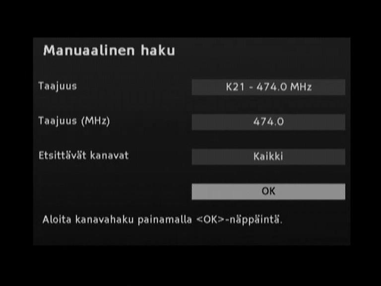 1 Valitse Erikoishaku ja paina OK-näppäintä. 2 Avaa sähköinen ohjelmaopas painamalla EPG-näppäintä. 2 Valitse asetettavat parametrit nuolinäppäimillä ja. - Valitse "Taajuus" nuolinäppäimillä ja.