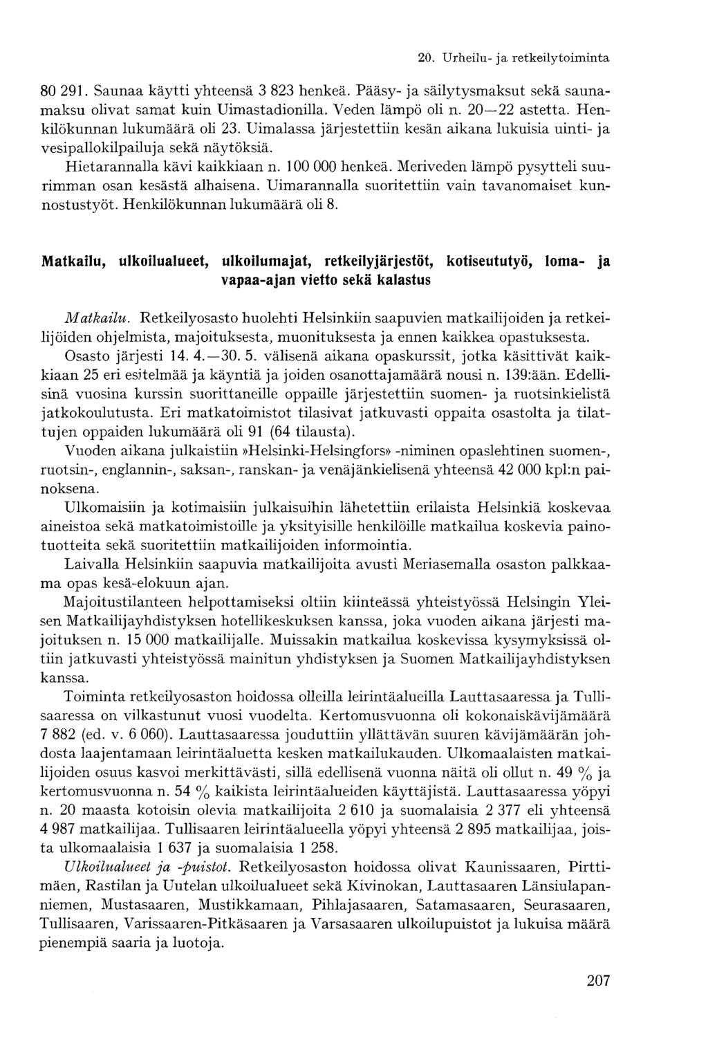 80 291. Saunaa käytti yhteensä 3 823 henkeä. Pääsy- ja säilytysmaksut sekä saunamaksu olivat samat kuin Uimastadionilla. Veden lämpö oli n. 20 22 astetta. Henkilökunnan lukumäärä oli 23.