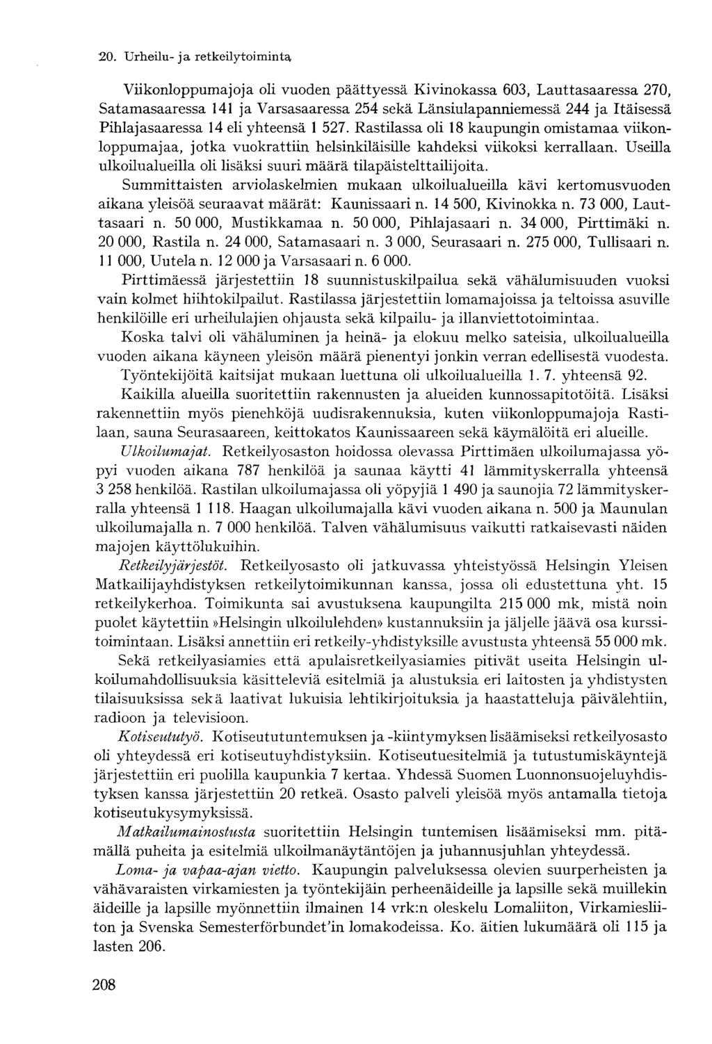 Viikonloppumajoja oli vuoden päättyessä Kivinokassa 603, Lauttasaaressa 270, Satamasaaressa 141 ja Varsasaaressa 254 sekä Länsiulapanniemessä 244 ja Itäisessä Pihlajasaaressa 14 eli yhteensä 1 527.