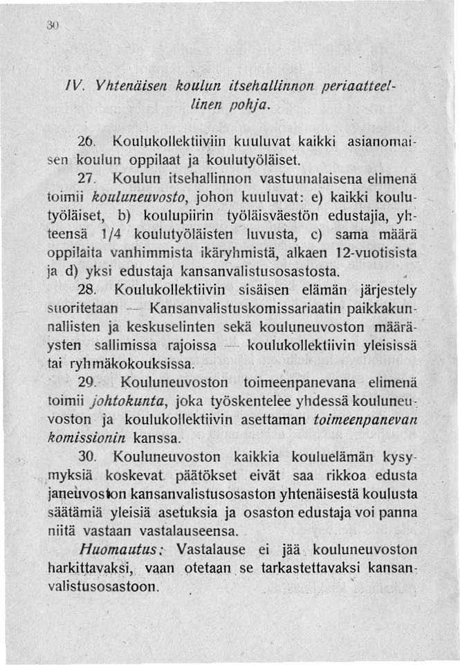 IV. Yhtenäisen koulun itsehallinnon periaatteellinen pohja. 26. Koul ljkoll ektiiv~ in kuuluvat kaikki asianomai sen koulun oppilaat ja koulutyöläiset. 27.