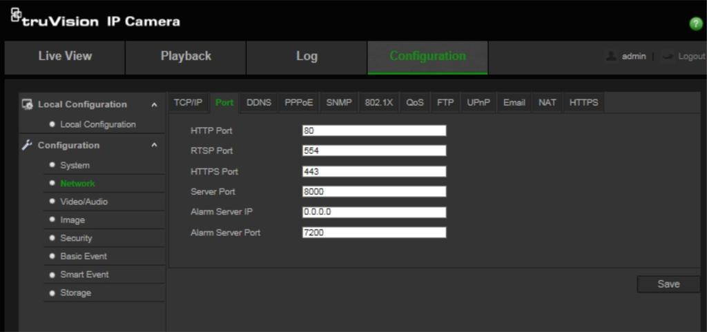 2. Määritä kameran HTTP-, RTSP-, HTTPS- ja palvelimen portit. HTTP-portti: Oletusporttinumero on 80. Sen voi vaihtaa miksi tahansa porttinumeroksi, joka ei ole käytössä.