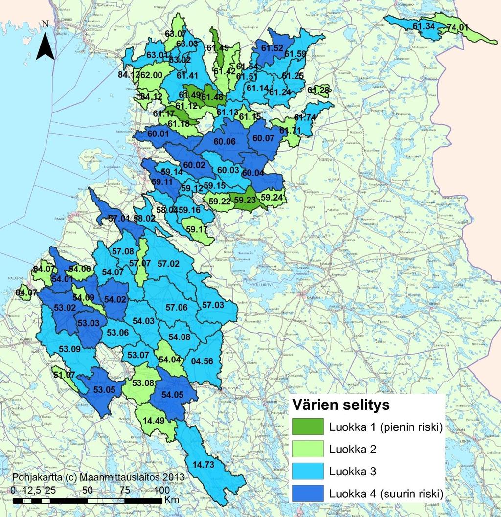 Kuva 77. Tarkastelutavan 3 (vesistön arvo ja herkkyys) mukaan riskiluokkiin jaotellut valuma-alueet. 4.