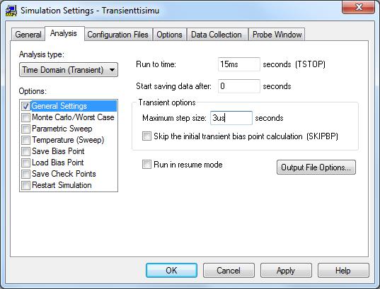 Oletuksena onkin valmiiksi Transientti -simulointi, joten riittää säätää simulointiaika sopivaksi 1000Hz:n syöttötaajuudelle 15ms:n simulointiajan pitäisi antaa 15 jakson näkymä.