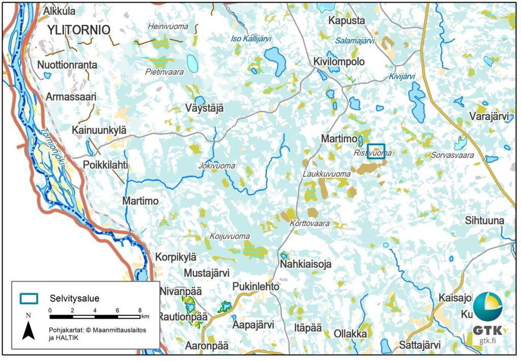 GEOLOGIAN TUTKIMUSKESKUS 3 2 TUTKIMUSALUE Isokivenjänkkän tutkimusalue sijaitsee Ristivuoman turvetuotantoalueen pohjoispuolella Lapin Yli-Torniolla (Kuva 1).