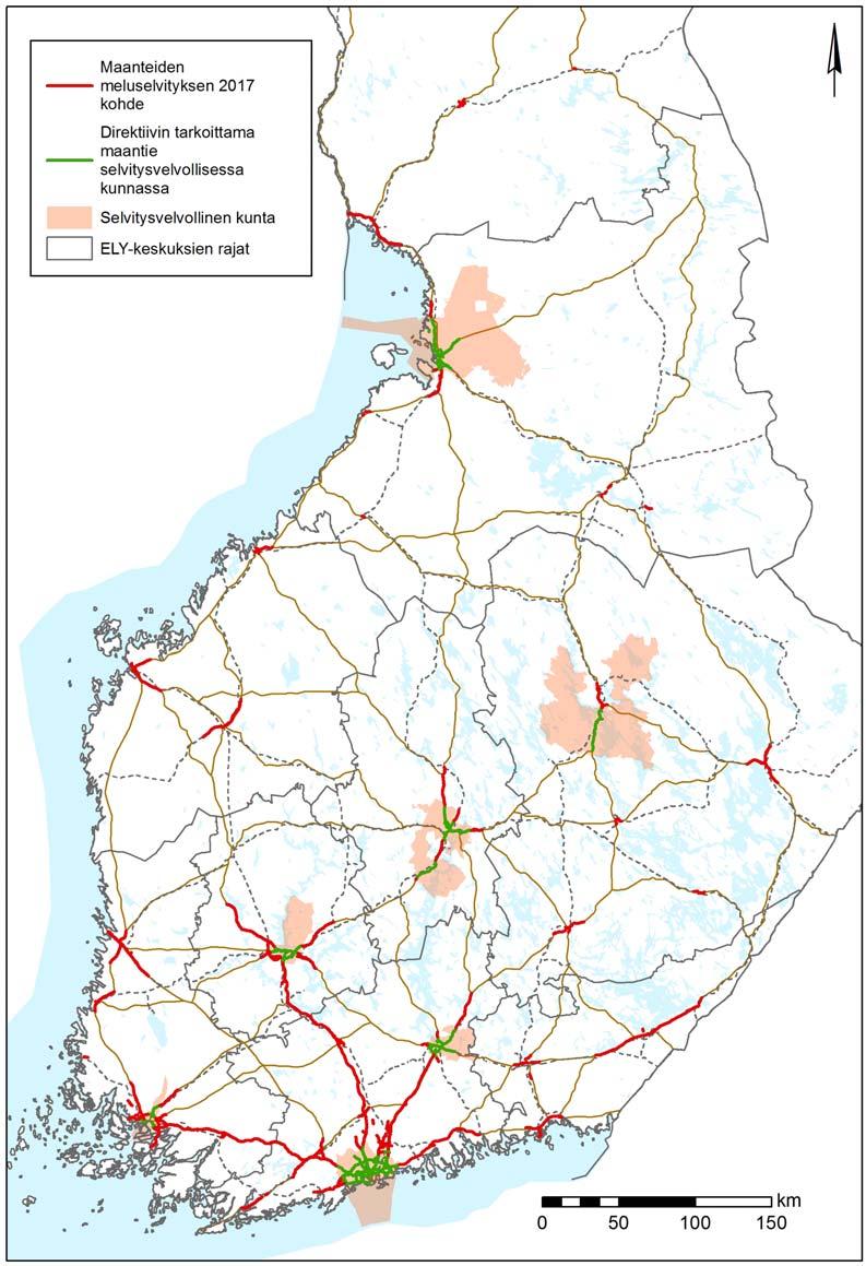 12 Kuva 1 Tähän selvitykseen kuuluva tieverkko (punaisella), muut direktiivin tarkoittamat maantiet (vihreällä),