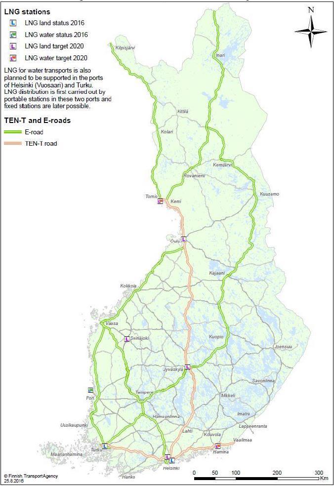 12 Kuva 4. Nestemäisen kaasun (LNG, LBG) tankkauasemat, tilanne v. 2016 ja tavoite v. 2020.