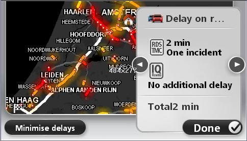 Ajonäkymä näytetään ja näkyvissä on viesti, joka kertoo reitin liikennehäiriöt. Liikennepalkki näyttää myös mahdolliset viivytykset.