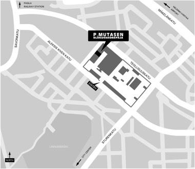 HOW TO CONTACT US BY CAR, FOOT, PUBLIC TRANSPORTATION OR MAIL P. Mutasen elokuvakonepaja is located in Vallila district, two kilometers north from the Helsinki city center.