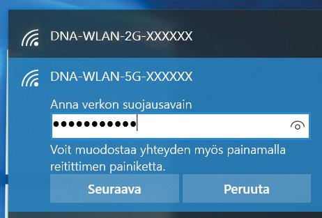 DNA Valokuitu Plus Premium UBC1303 -modeemissa on oletuksena päällä 2,4Ghz ja 5Ghz taajuudelliset langattomat