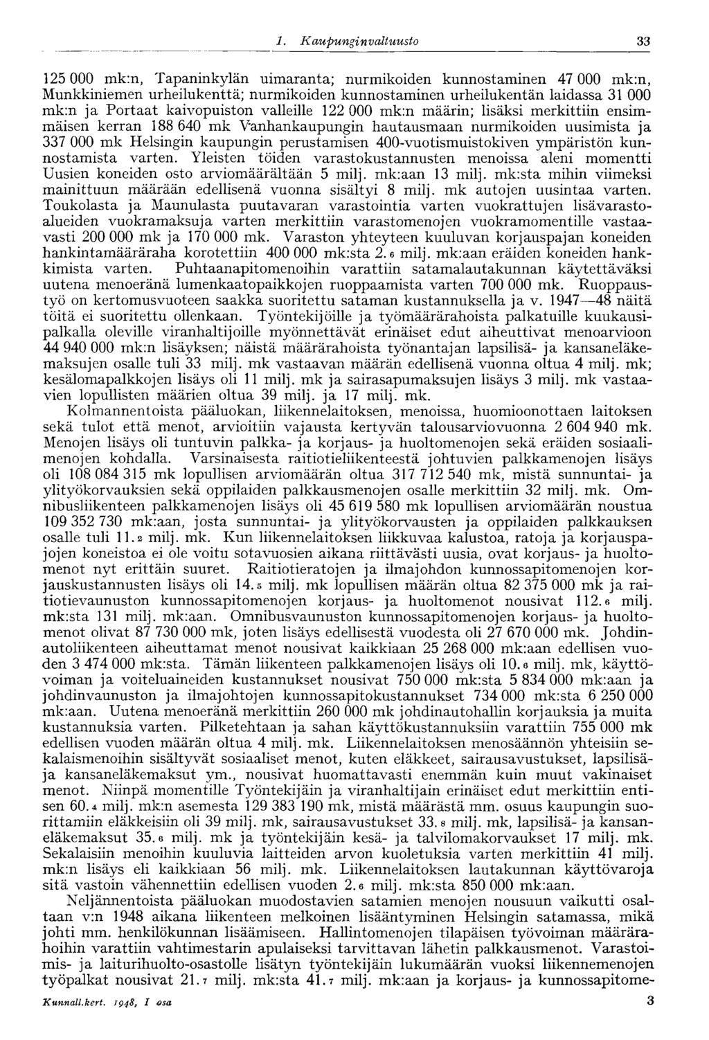 1. Kaupungi nvaltuusto 33 125 000 mk:n, Tapaninkylän uimaranta; nurmikoiden kunnostaminen 47 000 mk:n, Munkkiniemen urheilukenttä; nurmikoiden kunnostaminen urheilukentän laidassa 31 000 mk:n ja