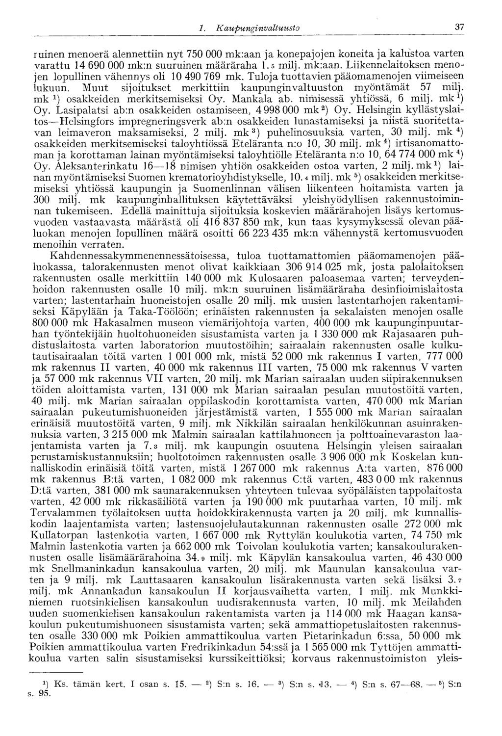 1. Kaupungi nvaltuusto 37 ruinen menoerä alennettiin nyt 750 000 mk:aan ja konepajojen koneita ja kalustoa varten varattu 14 690 000 mk:n suuruinen määräraha 1.5 milj. mk:aan. Liikennelaitoksen menojen lopullinen vähennys oli 10 490 769 mk.