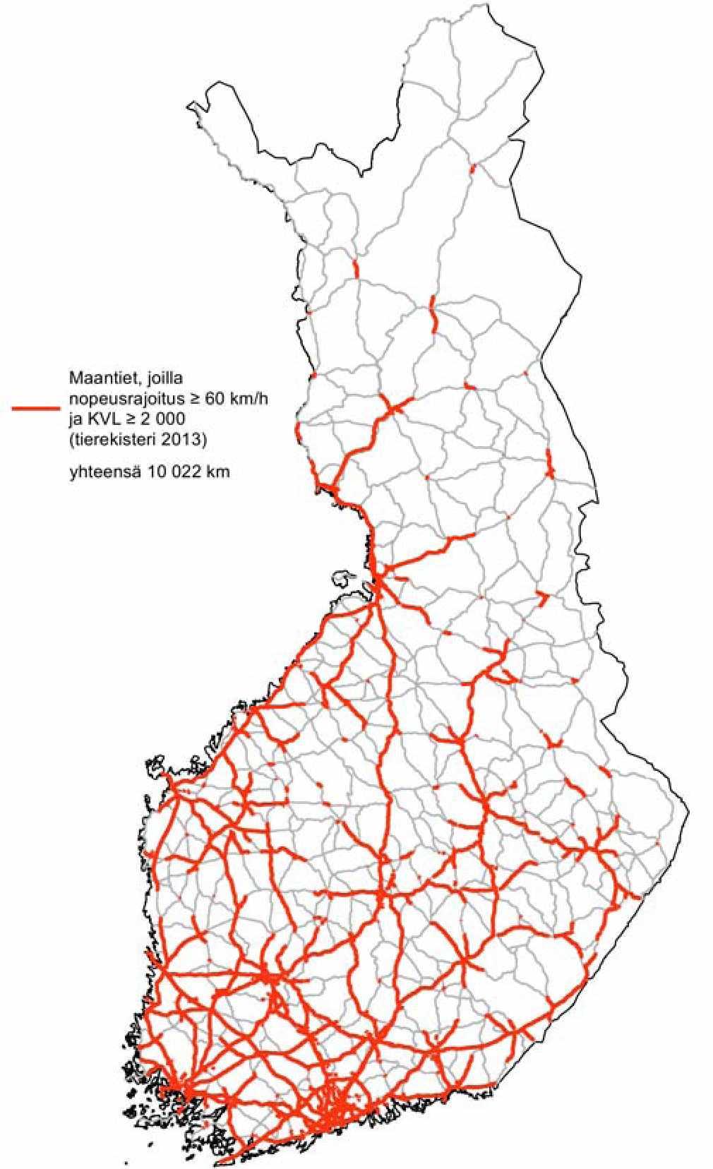 24 Kuva 7. Suomen tiestö, jo lla nopeusrajoitus on 60 km/h tai suurempi ja KVL on vähintään 2000 ajon/vrk.