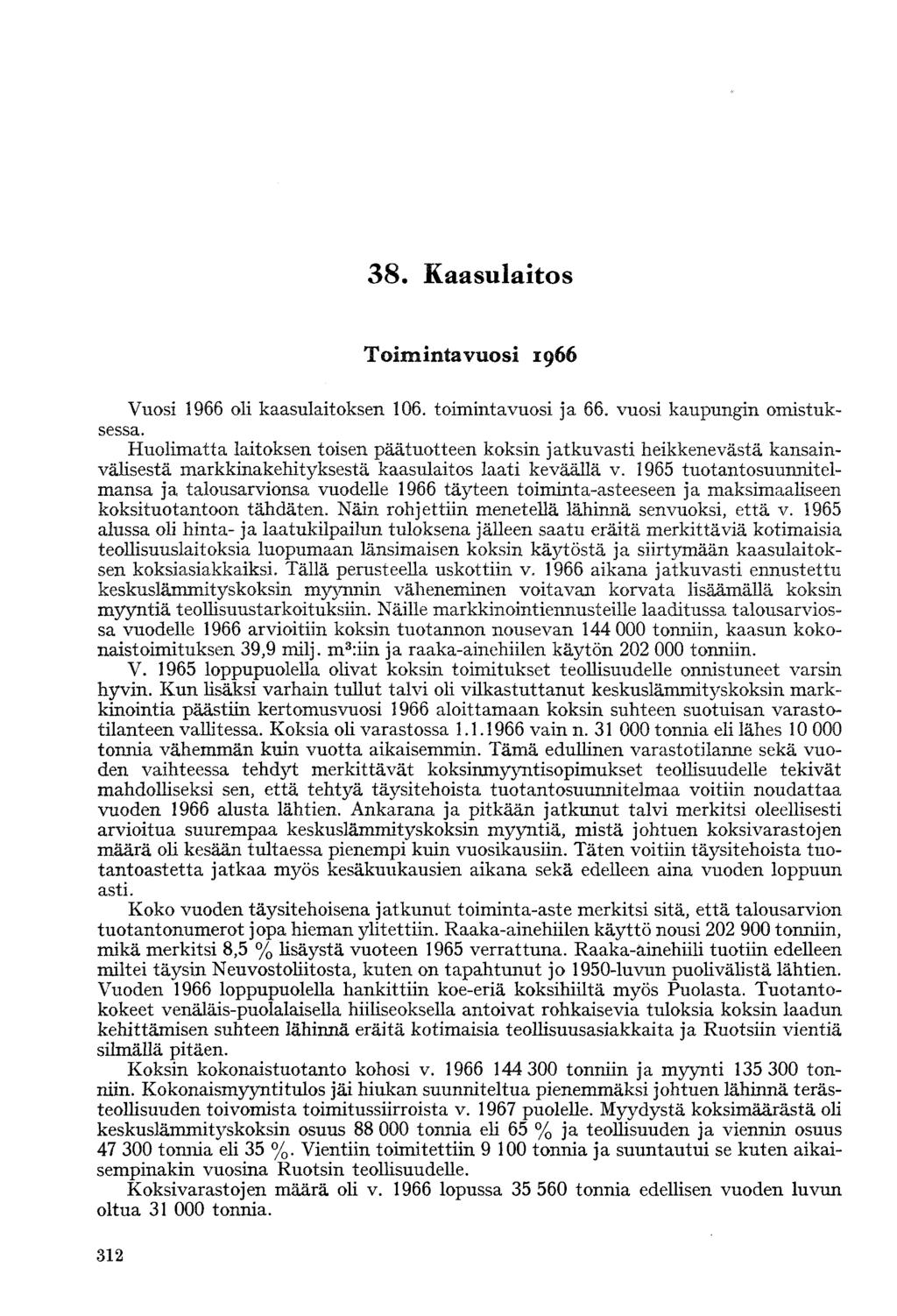 38 Kaasulaitos Toimintavuosi 1966 Vuosi 1966 oli kaasulaitoksen 106. toimintavuosi ja 66. vuosi kaupungin omistuksessa.