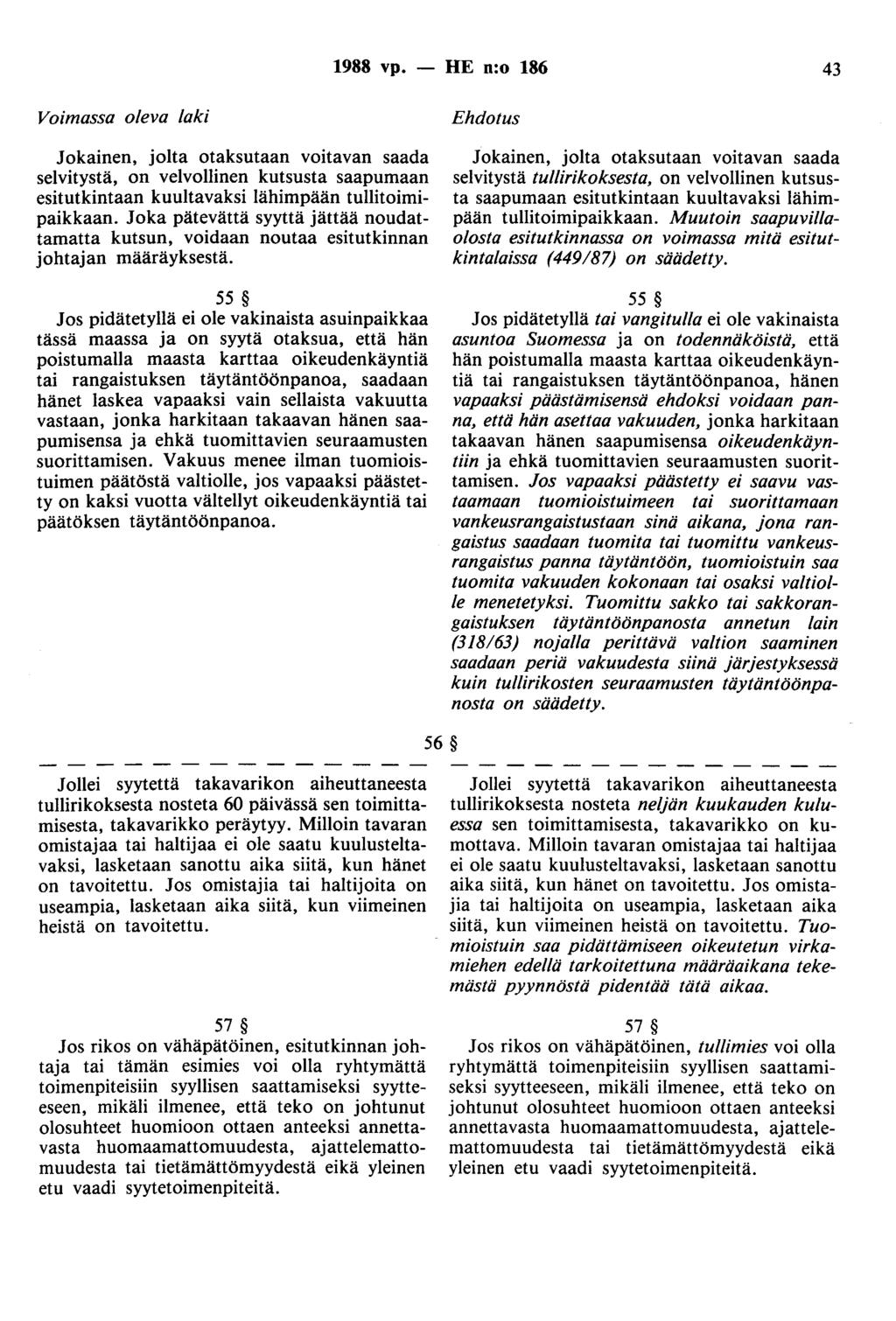 1988 vp. - HE n:o 186 43 Jokainen, jolta otaksutaan voitavan saada selvitystä, on velvollinen kutsusta saapumaan esitutkintaan kuultavaksi lähimpään tullitoimipaikkaan.