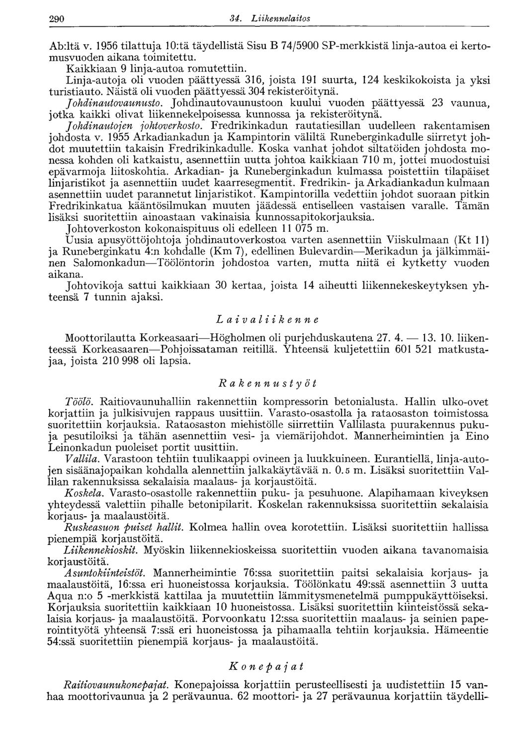 290 34. Liikennelaitos Abilta v. 1956 tilattuja 10:tä täydellistä Sisu B 74/5900 SP-merkkistä linja-autoa ei kertomusvuoden aikana toimitettu. 9 linja-autoa romutettiin.