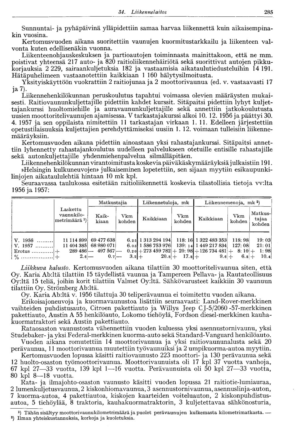 285 34. Liikennelaitos Sunnuntai- ja pyhäpäivinä ylläpidettiin samaa harvaa liikennettä kuin aikaisempinakin vuosina.