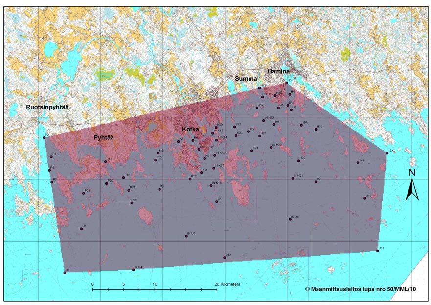 Kuva 2. Vuoden 2007 pohjaeläintutkimuksen näytepisteverkosto ja alueellisen interpoloinnin maantieteellinen kattavuusalue.