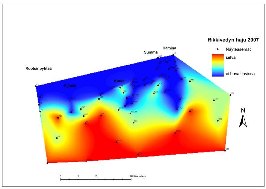 Kuva 4. Rikkivedyn (H 2 S) esiintyminen tutkimusalueella kevään 2007 liejupohjille keskittyvän pohjaeläinnäytteenoton mukaan (alueellinen interbolointi).