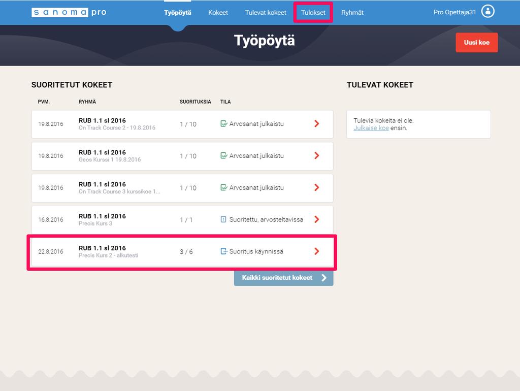 Koesuoritusten arvostelu 1. Avaa Oppimisympäristön etusivulta kurssiryhmällesi luoma työtila ja siirry Kompassiin napauttamalla Kompassi-digikokeet- linkkiä. 2.