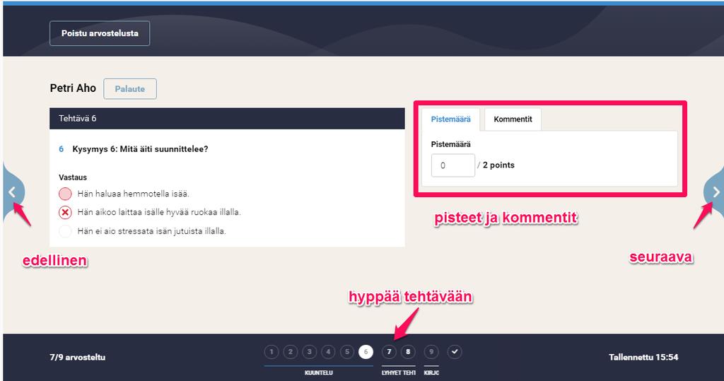 5. Arvostelu-näkymässä tehtävästä toiseen siirrytään nuoli-painikkeilla. Voit myös siirtyä tiettyyn tehtävään navigointipalkista sivun alareunassa.