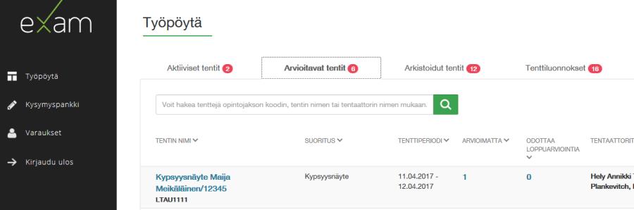 ja valitse seuraavalta sivulta opiskelijan nimi: Opiskelijan kirjoittama vastaus on joko kysymyksen alla selaimessa tekstinä tai liitteenä tiedostona. Vastauksen alussa on tentin perustiedot mm.
