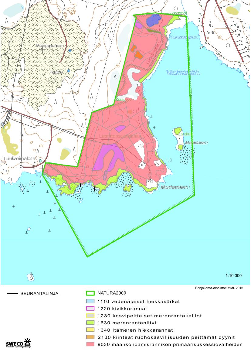 Kuva 14. Seurantalinjat Natura-alueella Murhaniemessä ja Natura-alueen suojelun perusteena olevat luontotyypit. 3.4.3 Upossarpio 18 (26) Upossarpiota on alueella havaittu vuosina 1963 ja 1984.