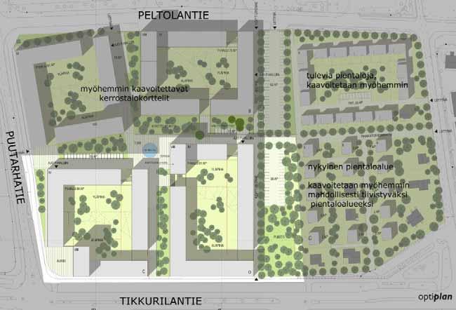 Optiplanin tekemä luonnos alueen maankäytöstä. Tummennetut alueet eivät sisälly nyt tehtävään asemakaavaan. Kuva ei ole mittakaavassa. 4.