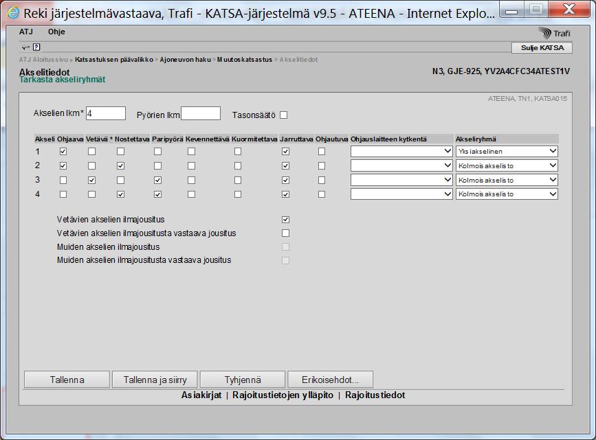 Akselitiedot-ikkuna Tarkasta jousitustyyppi, paripyörien lukumäärä ja vetävä akseli.