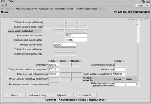 Massat-ikkuna (alaosa) Laske ja merkitse tieliikenteen suurin sallittu kokonaismassa: Etuakselimassa