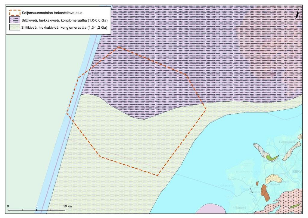 Seljänsuunmatalan merituulivoima-alueen selvitys 5 (23) 1.2 Pohjaolosuhteet Kuva 3. Selvitysalueen kallioperä (GTK). Merenpohjan syvyys tarkastelualueella vaihtelee 4-20 metrin välillä.