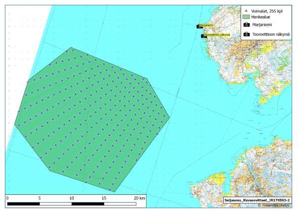 Seljänsuunmatalan merituulivoima-alueen selvitys 9 (23) Kuva 5. Maisemavaikutusten arvioinnin lähtökohtana käytetty karkea yleistason layouttarkastelu sekä maisemakuvasovitteiden sijoittumispaikat.