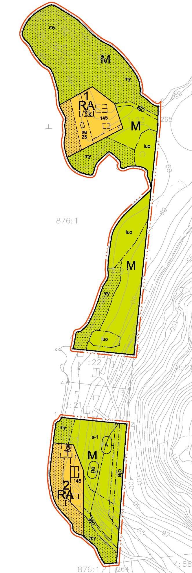 Korttelialueet Asemakaavassa on osoitettu 1 uusi lomarakennusten rakennuspaikka (kortteli 1, RA), 1 olemassa oleva lomarakennusten rakennuspaikka (kortteli 2, RA) ja maa- ja metsätalousaluetta (M).