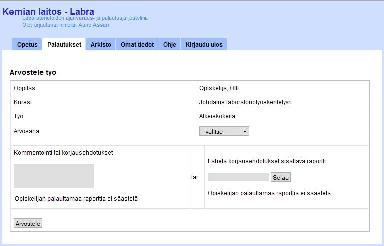 Arvostele Palautukset sivun listassa olevien palautusten arvostelu onnistuu tällä sivulla.