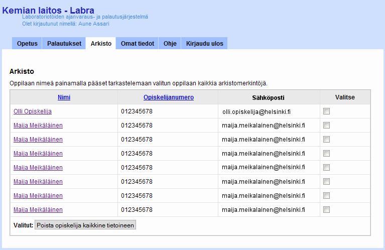 Arkisto Kuva 20: Arkiston aloitusnäkymä (arkisto.php). Arkisto on jaoteltu opiskelijakohtaisesti. Kun arkistoon siirrytään, näytetään ensin opiskelijalistaus.