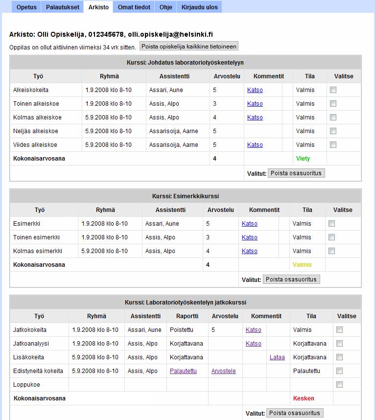 Kuva 21: Arkiston oppilaskohtainen näkymä (arkisto.php). Oppilaskohtainen arkisto on jaoteltu kursseittain.