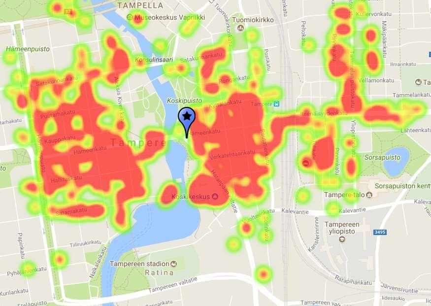 Tampereen keskustan voimakartta ja keskipiste Tampereen keskustan voimakartta kertoo ns.