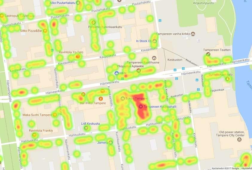 Voimakartta: keskustan länsipuoli Voimakartta lähemmäs tarkennettuna paljastaa keskittymät ja epäjatkuvuuskohdat. Keskustan länsipuolella voimakkain lauantaikaupan keskittymä on Tampereen Kauppahalli.