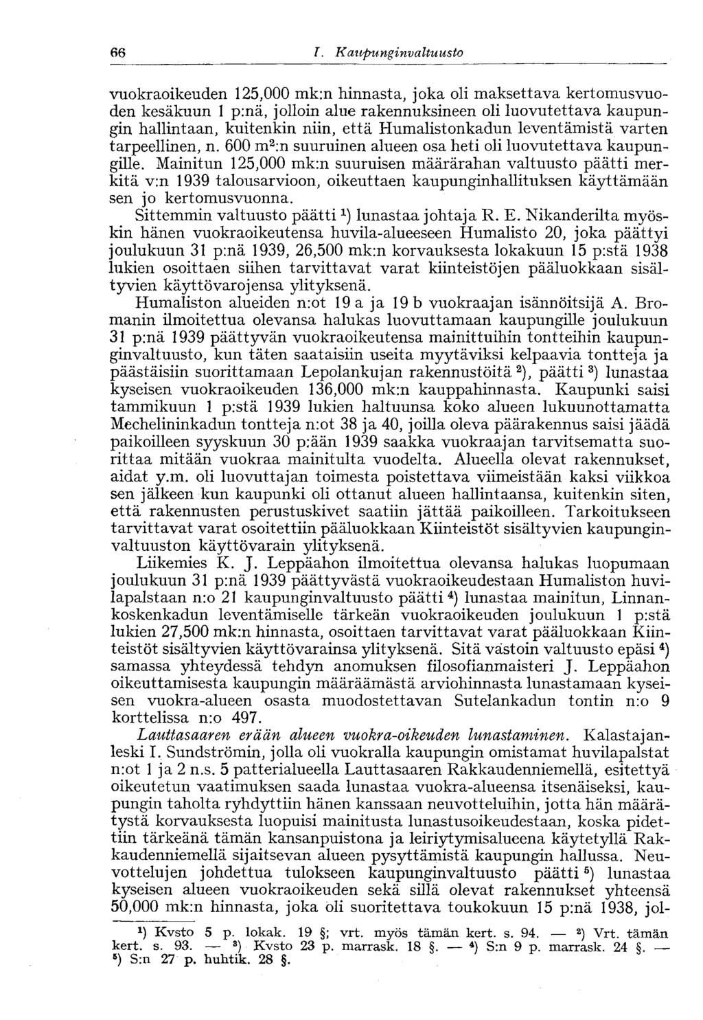 66 I. Kaupung invaltuusto vuokraoikeuden 125,000 mk:n hinnasta, joka oli maksettava kertomusvuoden kesäkuun 1 p:nä, jolloin alue rakennuksineen oli luovutettava kaupungin hallintaan, kuitenkin niin,
