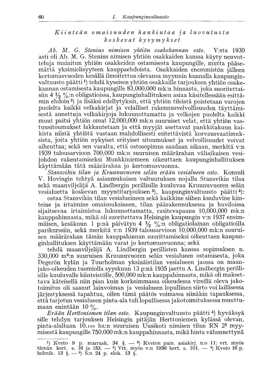 60 I. Kaupung invaltuusto Ki in te ä n omaisuuden hankintaa ja luovutusta koskev at kysymykset Ab. M. G.